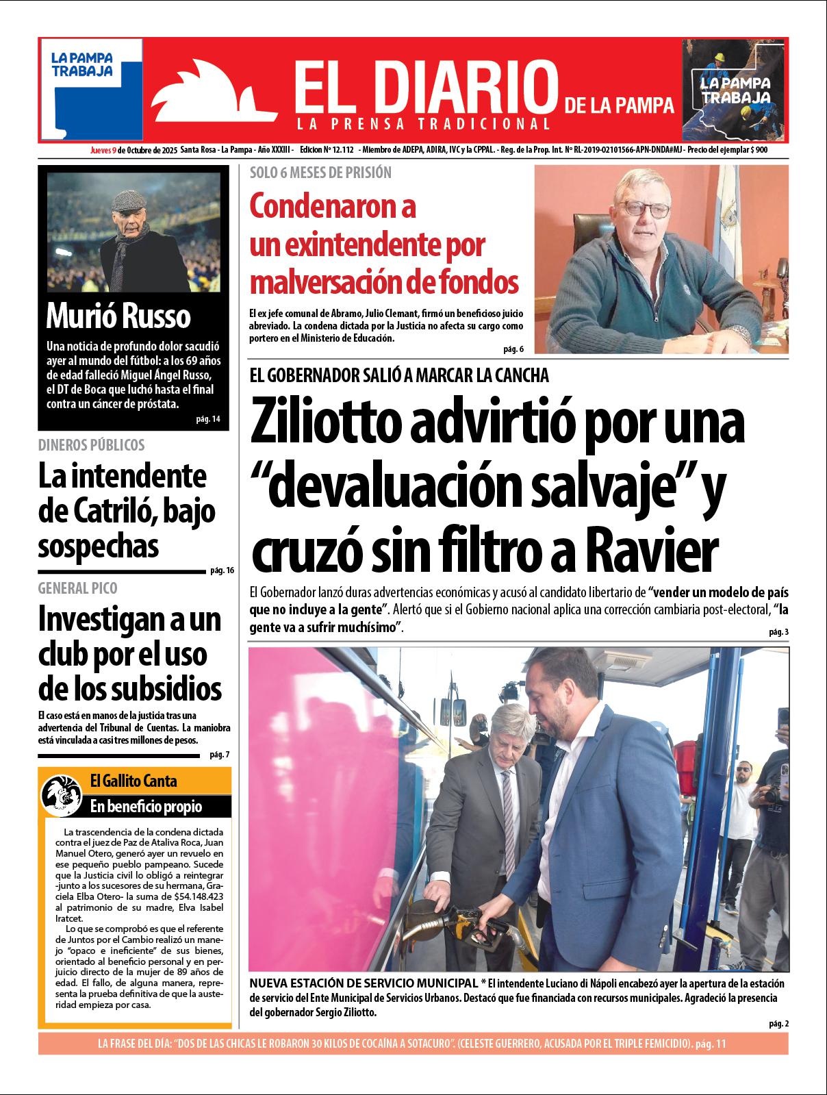 Tapa de El Diario en papel  jueves 09 de octubre de 2025